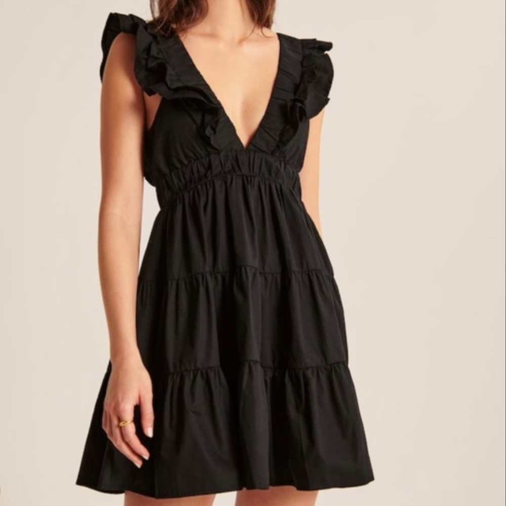 Abercrombie & Fitch Black Ruffle Tiered V-Neck Mini Dress